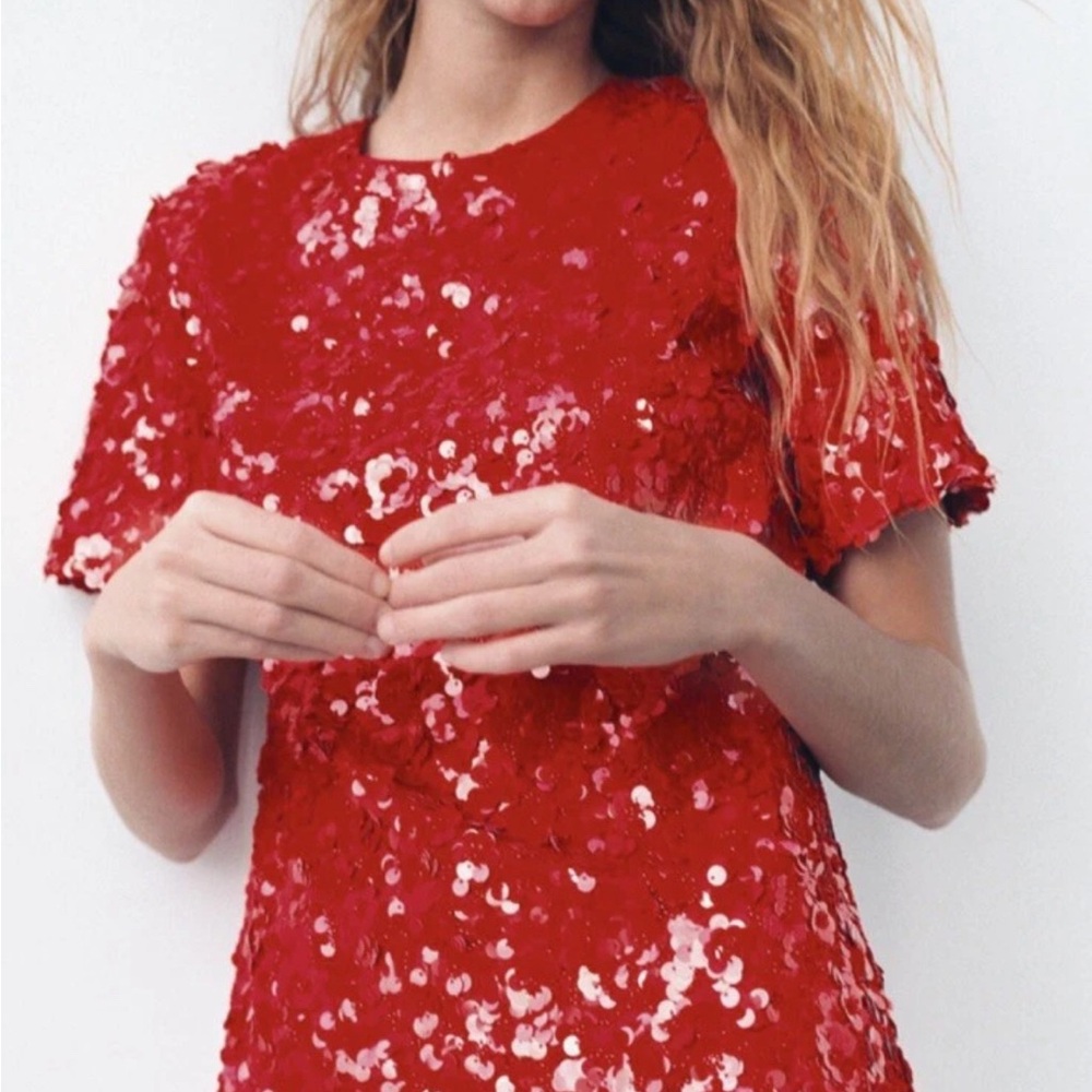 Zara Red Fully Sequined Mini Dress Size: L - Picture 2 of 9